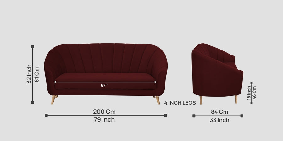 Kaylee Velvet 3 Seater Sofa In Blood Maroon Colour - Febonic Living