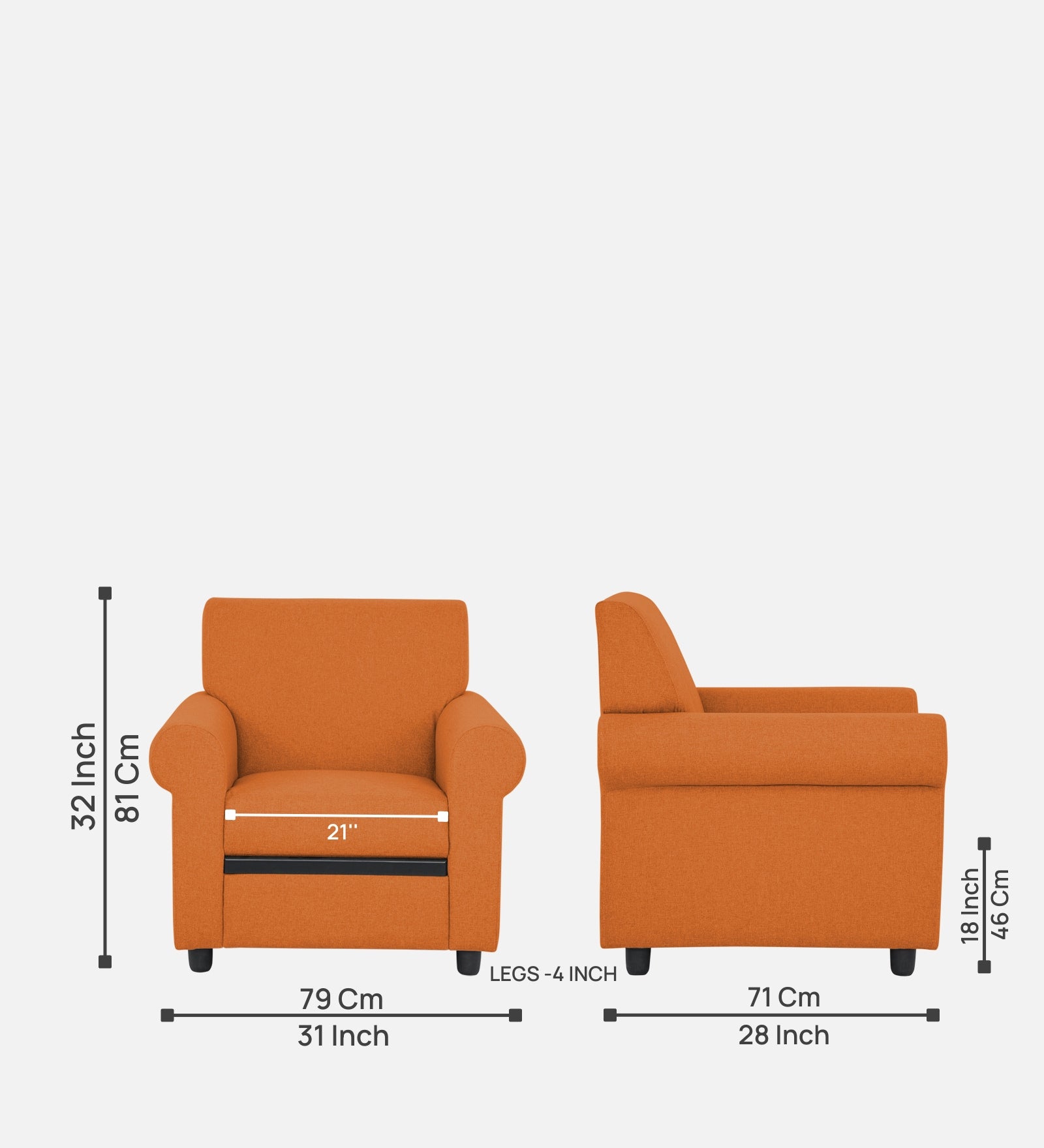 Ribby Fabric 1 Seater Sofa in Dark Orange Colour