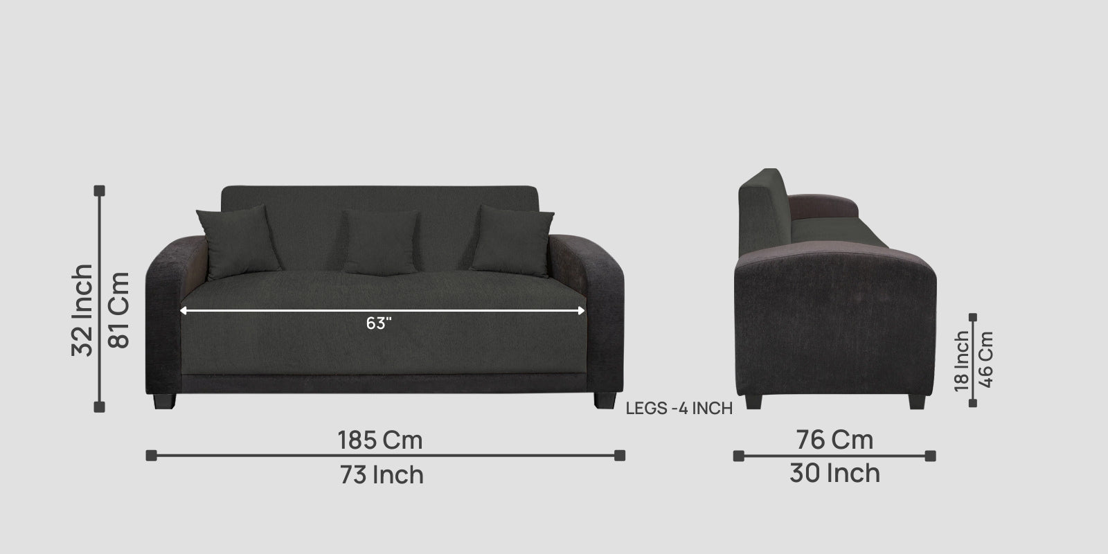 Alex Fabric 3 Seater Sofa In Charcoal Grey Colour