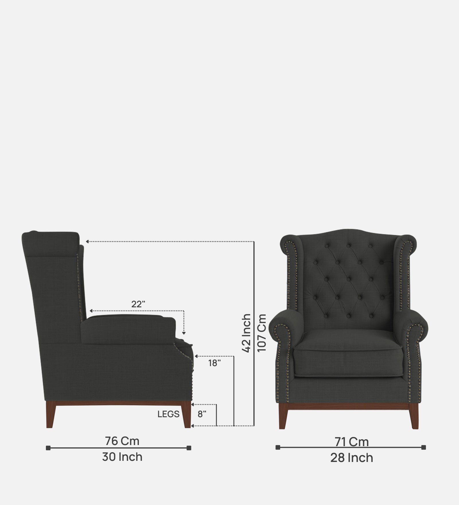 Nory Fabric 1 Seater Wing Chair in Charcoal Grey Colour