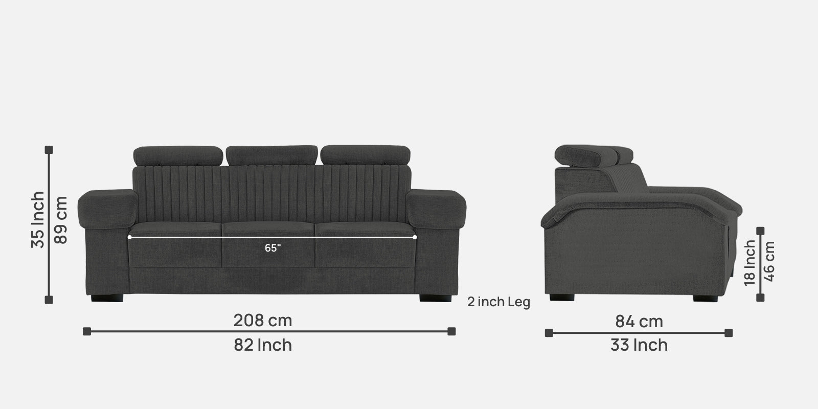 Draco Fabric 3 Seater Sofa In Charcoal Grey Colour - Febonic Living