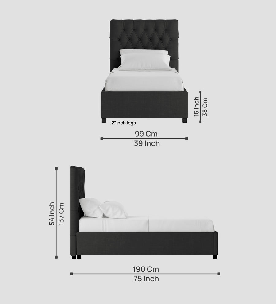Isko Fabric Upholstered Single Size Bed In Charcoal Grey Colour With Box Storage - Febonic Living