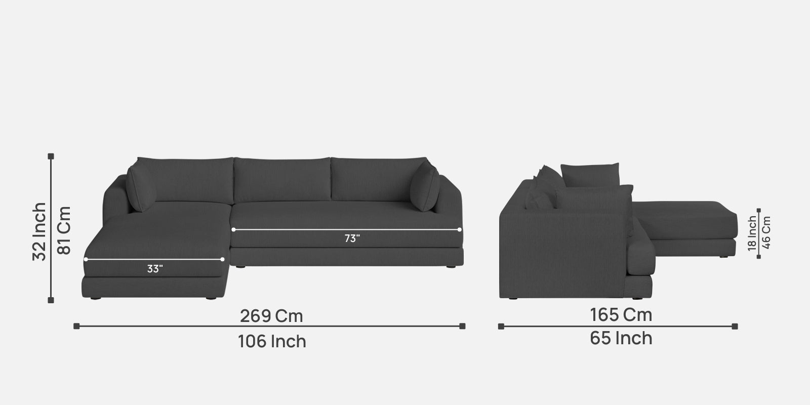 Ziggy Fabric RHS Sectional Sofa (3+Lounger) in Stone Grey Colour