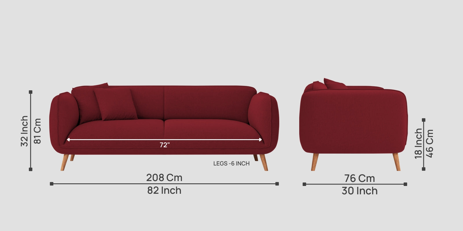 Zia Fabric 3 Seater Sofa In Chilli Red Colour