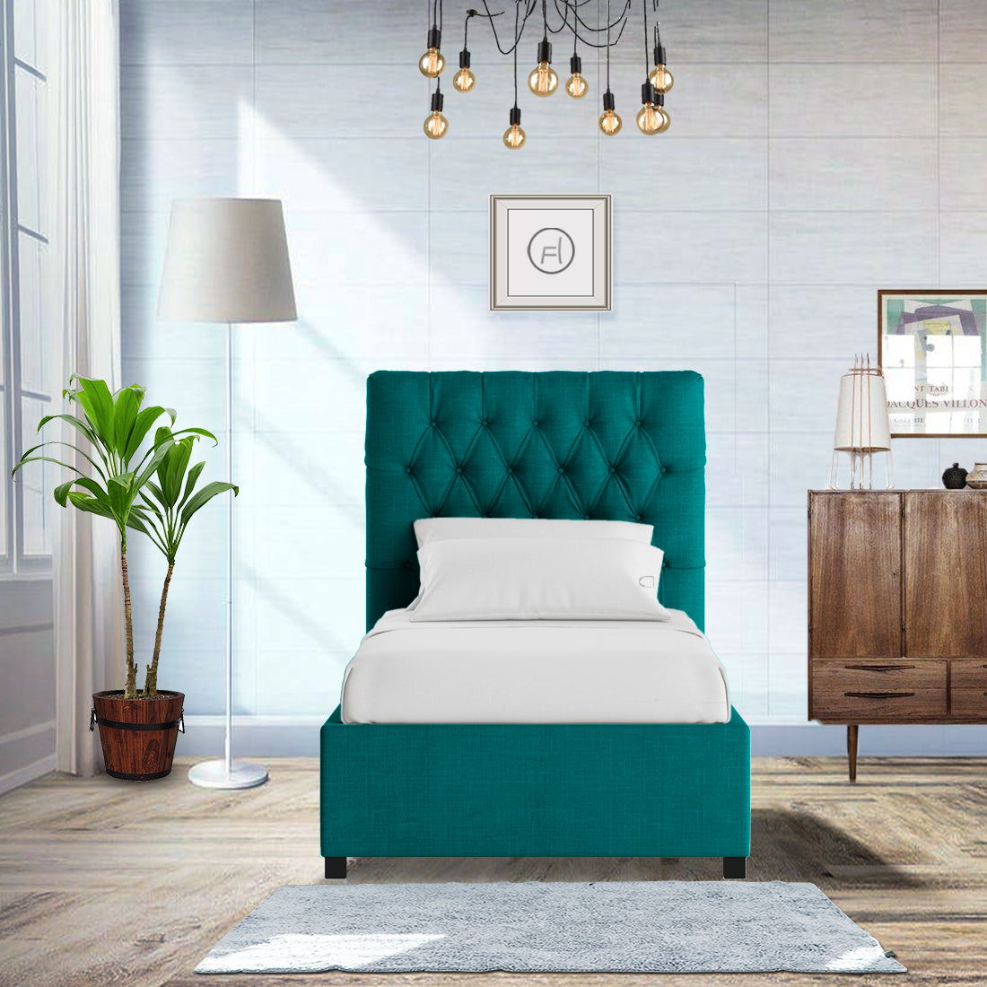 Isko Fabric Upholstered Single Bed in Sea Green Colour with Box Storage