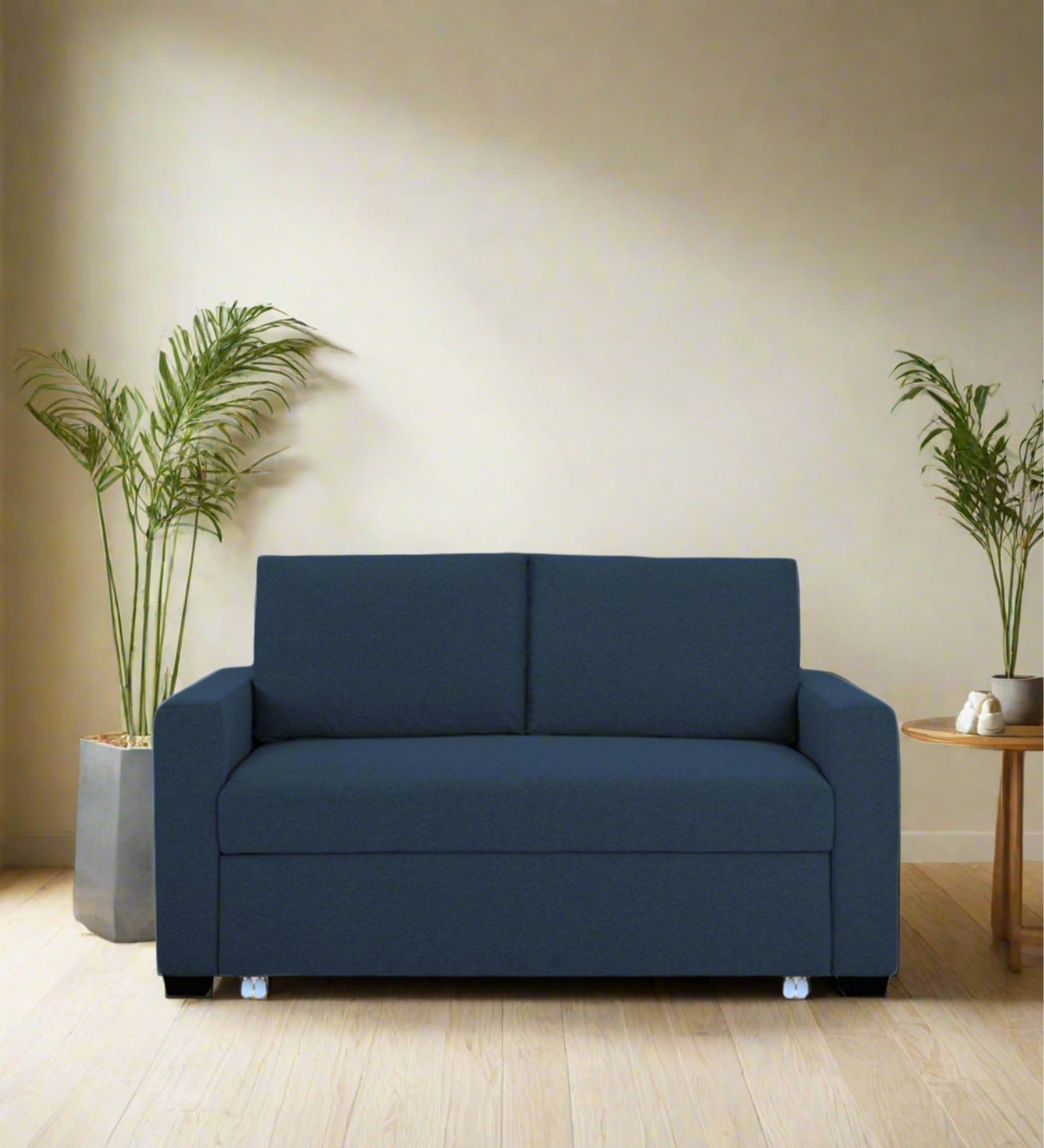 Lobby Fabric 2 Seater Pull Out Sofa Cum Bed In Denim Blue Colour