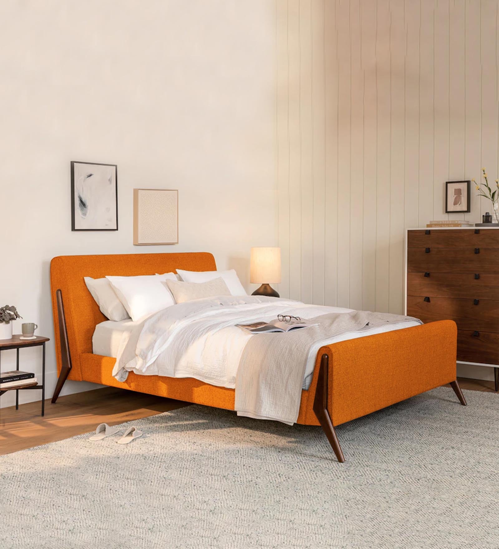 Catla Fabric Queen Size Bed In Vivid Orange Colour