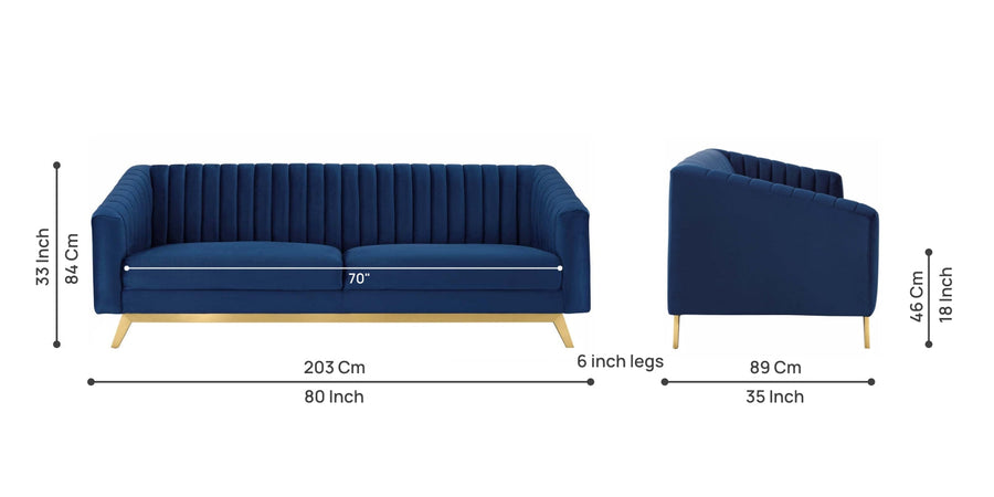 Grammy Velvet 3 Seater Sofa In Imperial Blue Colour - Febonic Living