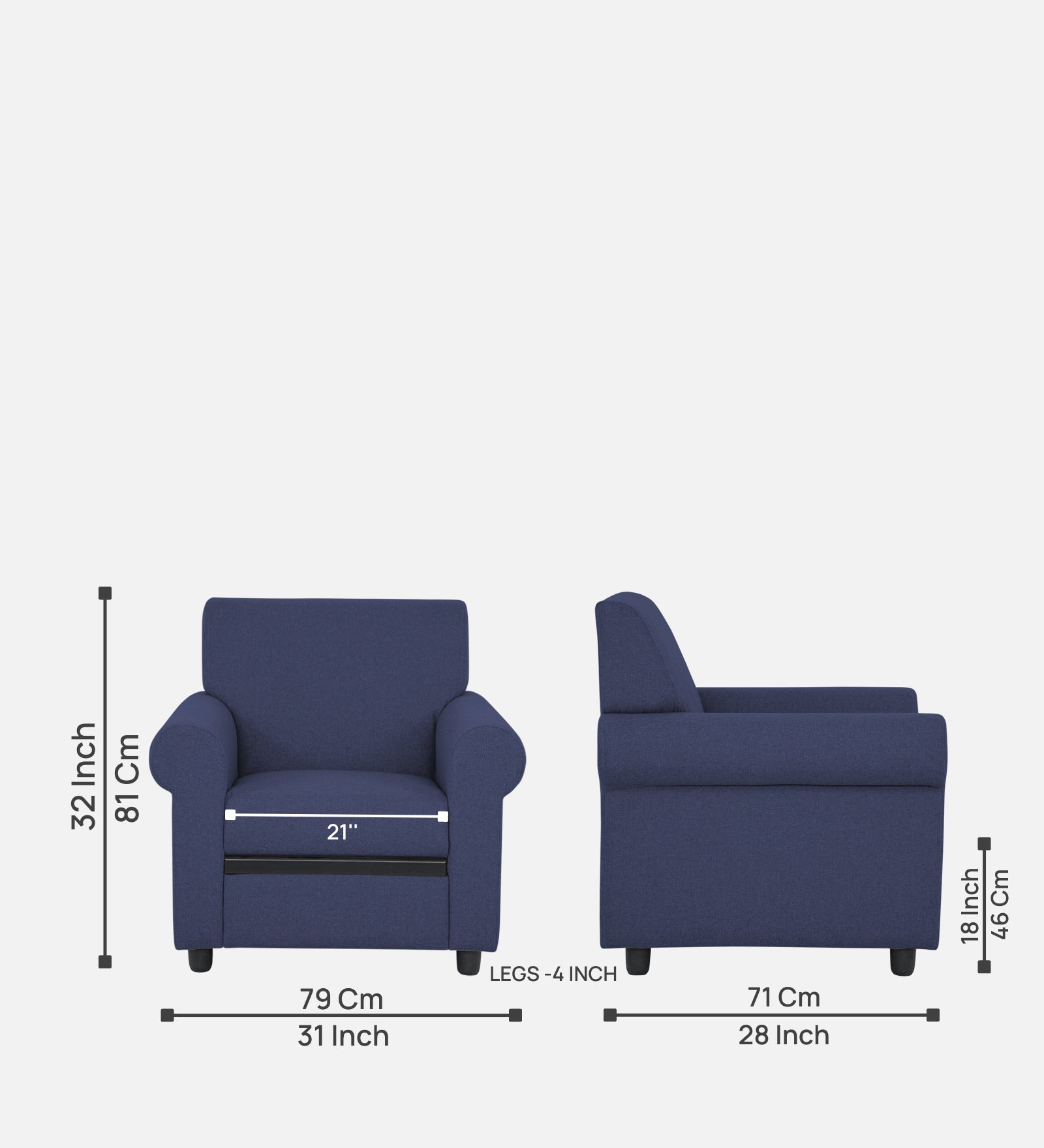 Ribby Fabric 1 Seater Sofa in Slate Blue Colour