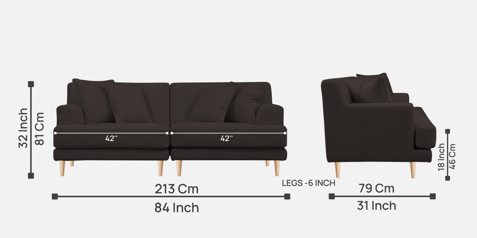 Woody Fabric 3 Seater Sofa in Coal Brown Colour