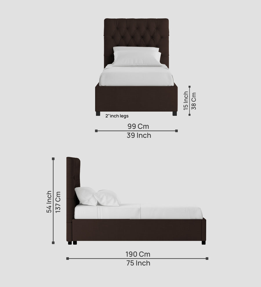 Isko Fabric Upholstered Single Size Bed In Coffee Brown Colour With Box Storage - Febonic Living