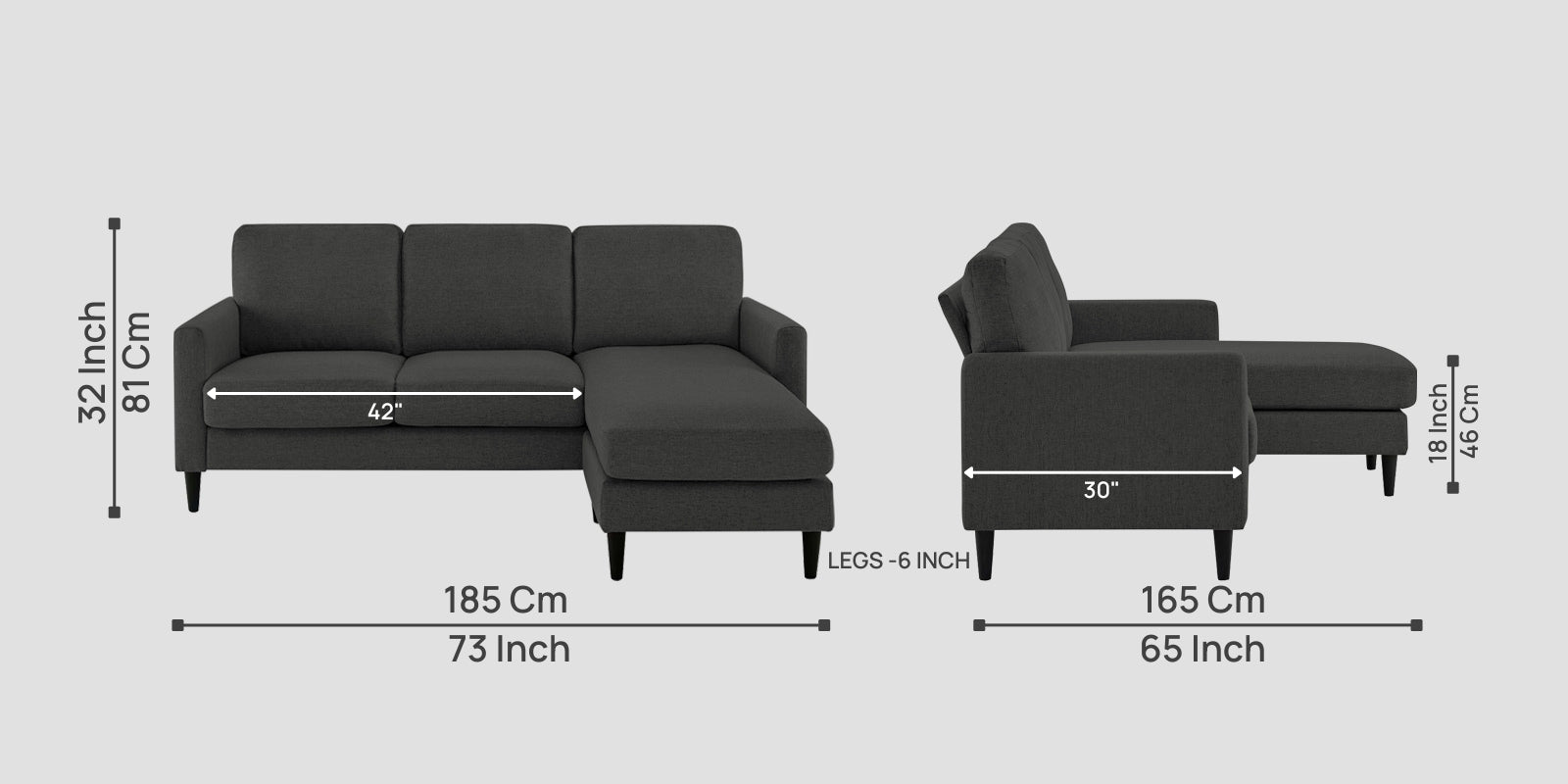 Romie Fabric LHS Sectional Sofa (2+Lounger) In Charcoal Grey Colour - Febonic Living