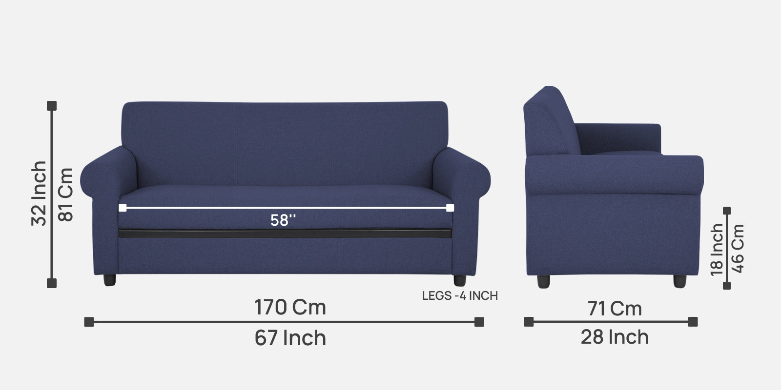 Ribby Fabric 3 Seater Sofa in Slate Blue Colour