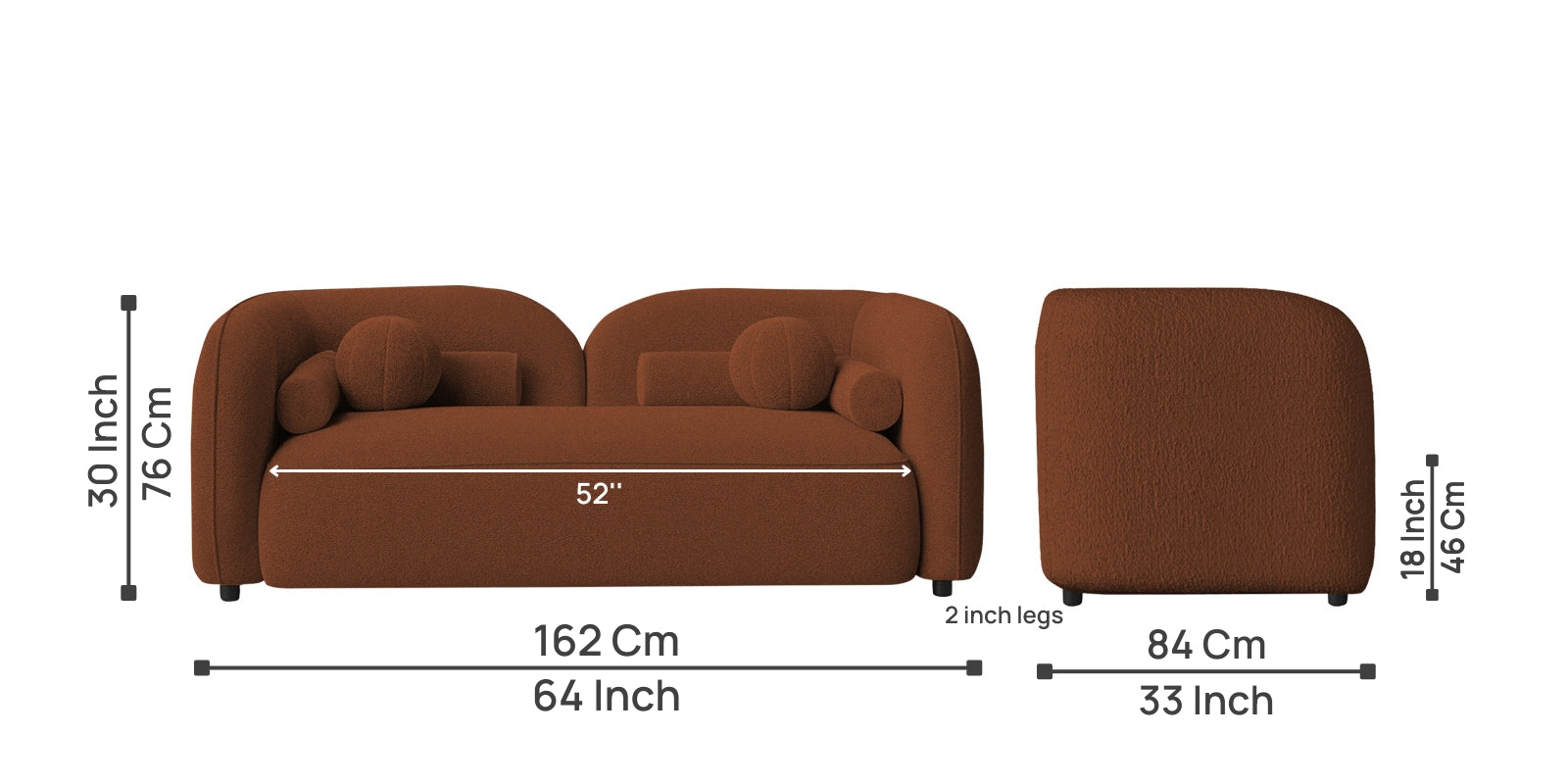 Corny Fur Fabric 2 Seater Sofa in Rust Orange Colour