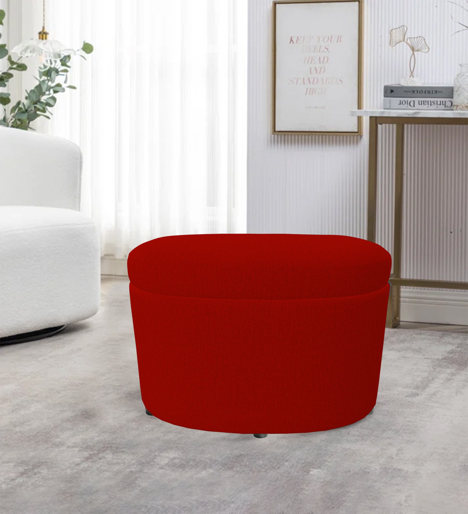 Ruggy Fabric Storage Ottoman in Ruby Red Colour