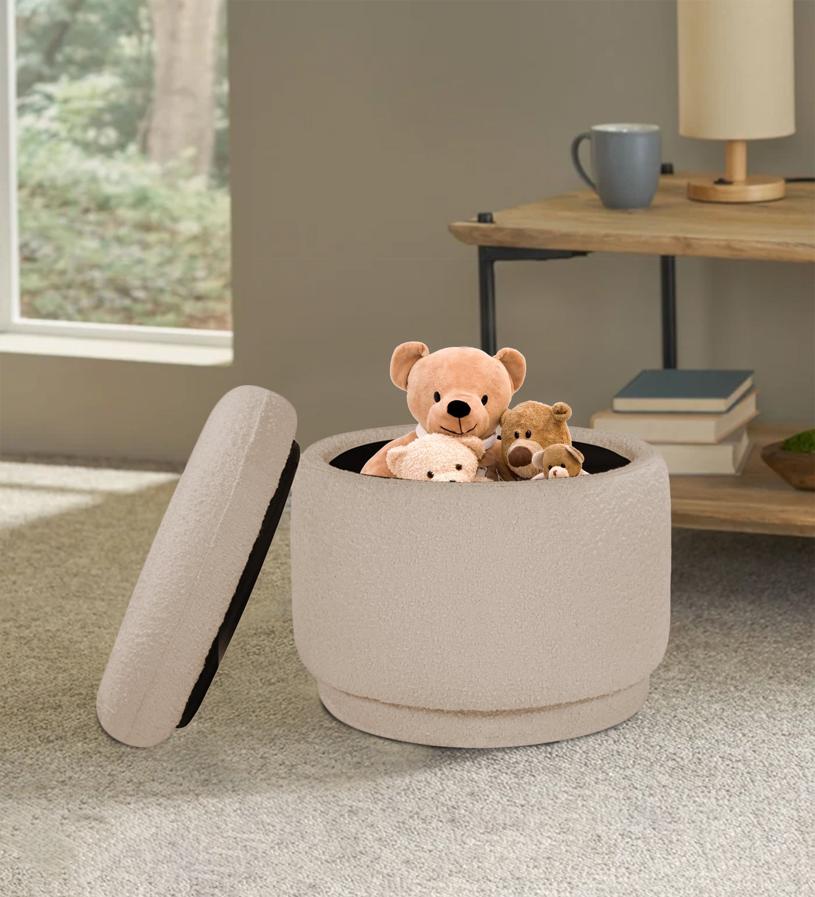 Noki Fur Fabric Storage Ottoman in Regal Beige Colour