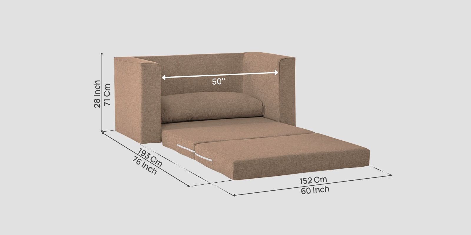 Kenia Fabric 2 Seater Foldable Sofa Cum Bed In Cookie Beige Colour - Febonic Living