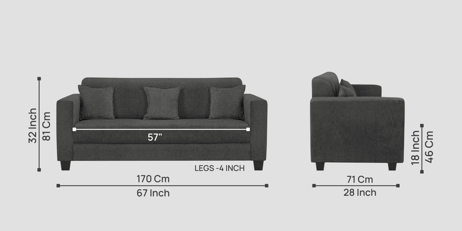 Nebula Fabric 3 Seater Sofa In Charcoal Grey Colour - Febonic Living