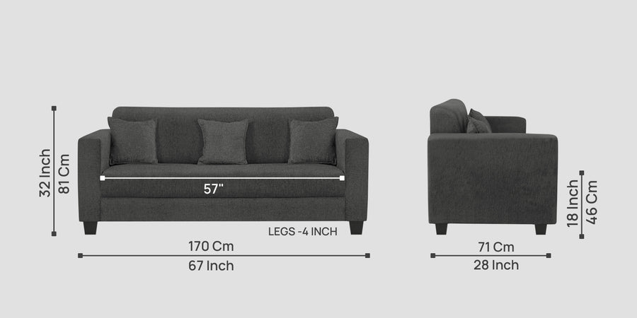 Nebula Fabric 3 Seater Sofa In Charcoal Grey Colour - Febonic Living
