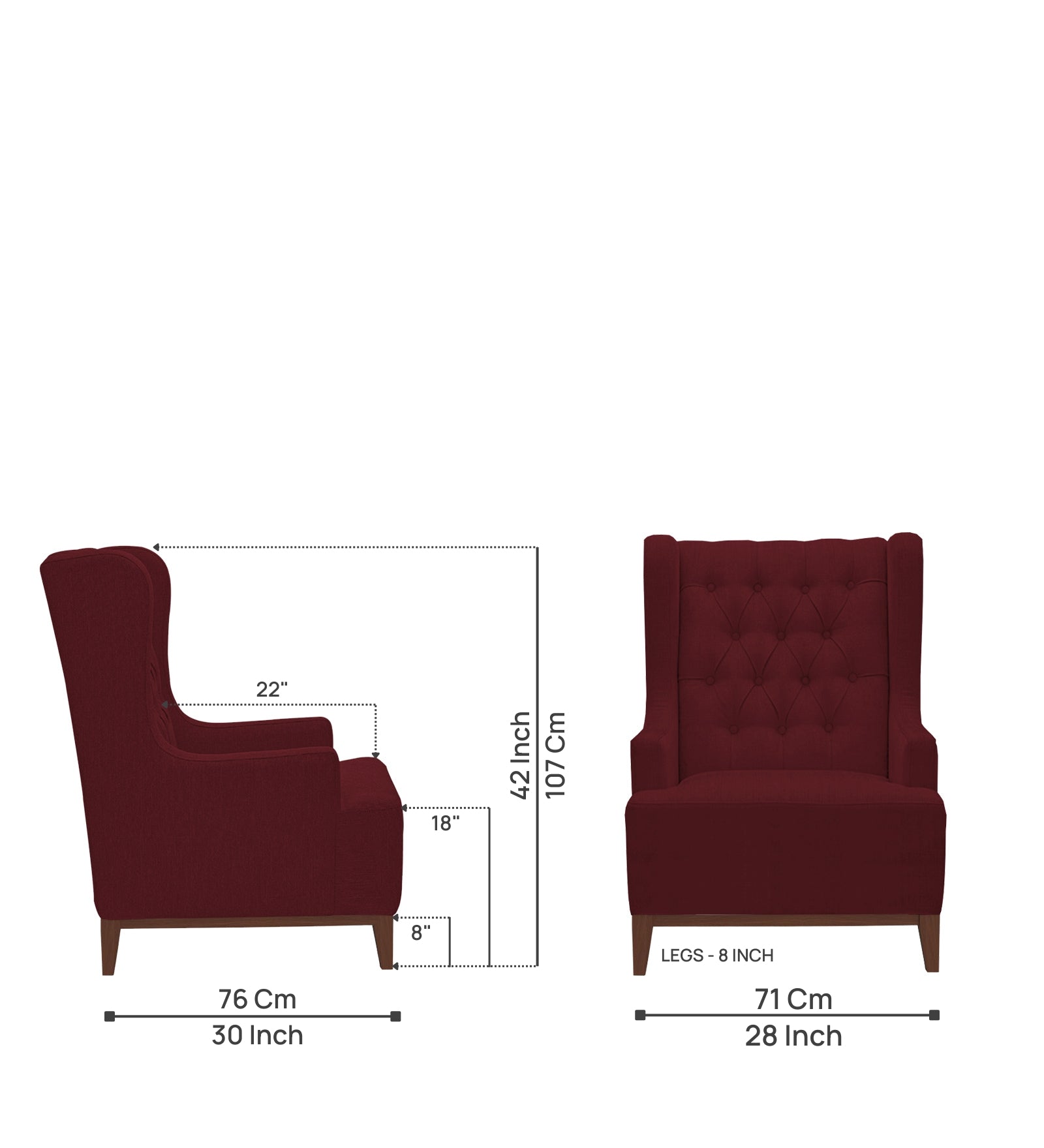 Kuchi Fabric 1 Seater Wing Chair Sofa in Blood Maroon Colour