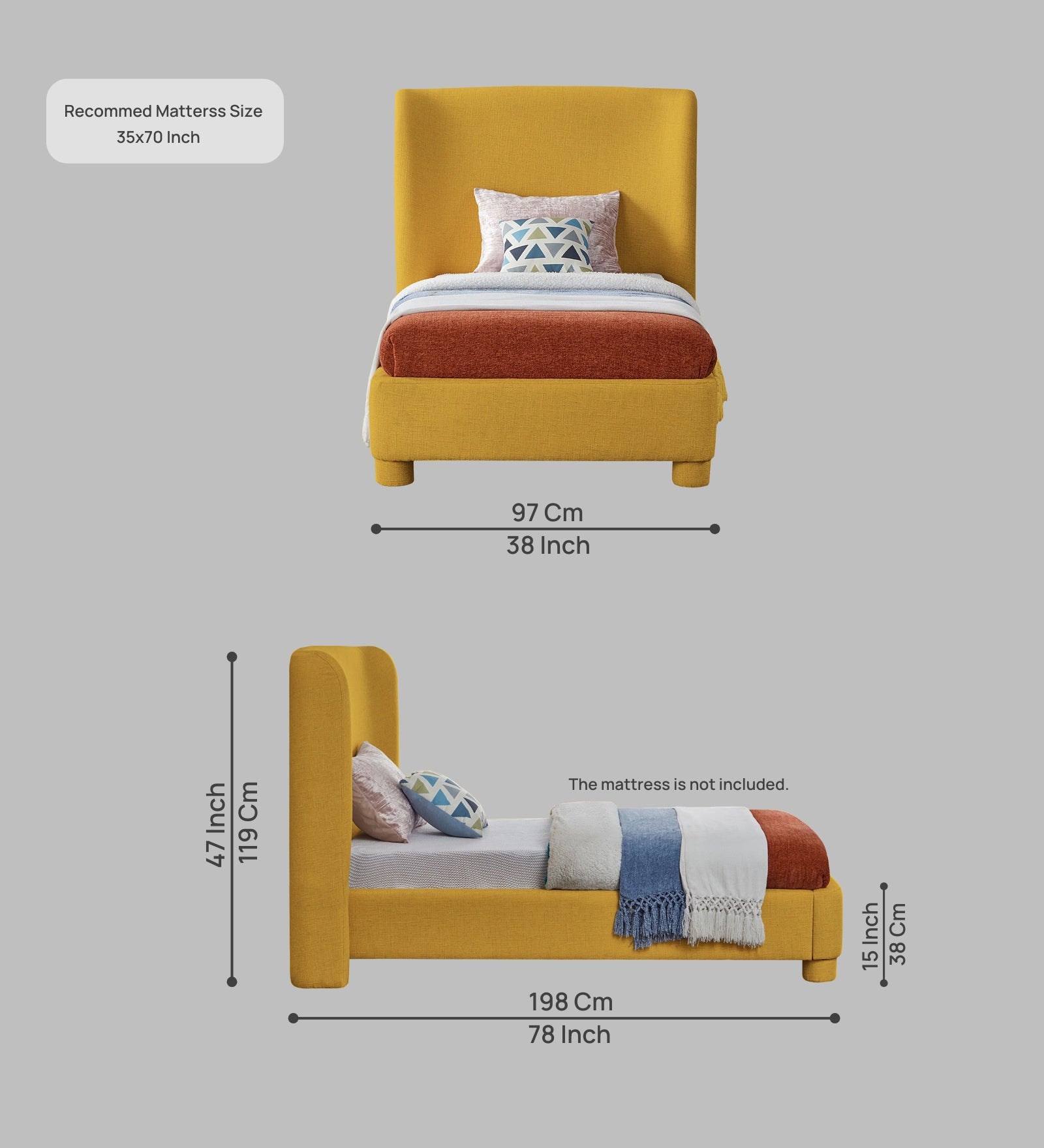 Lenny Fabric Upholstered Single Bed in Bold Yellow Colour - Febonic Living