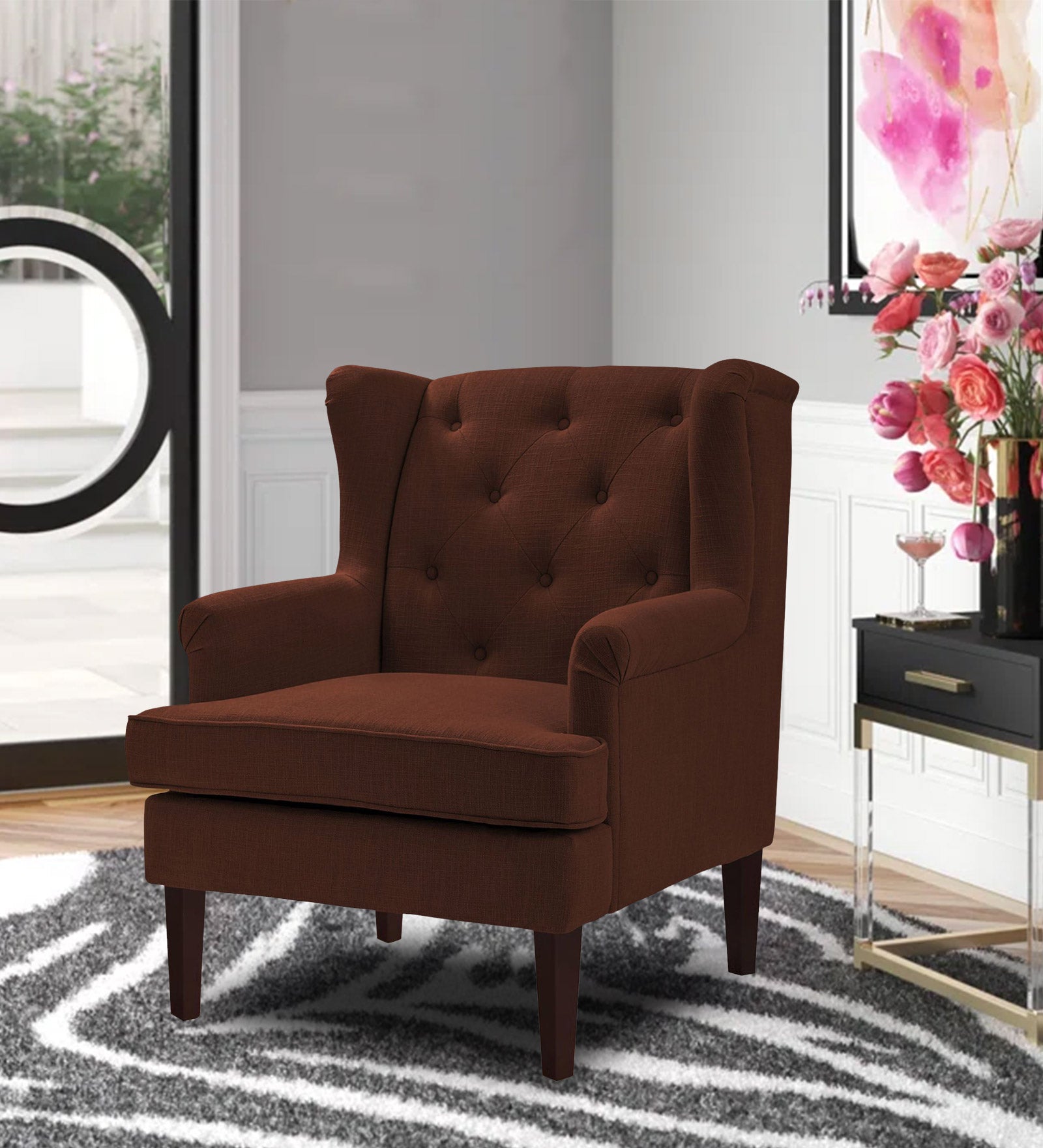 Deyuk Fabric Wing Chair In Coffee Brown Colour