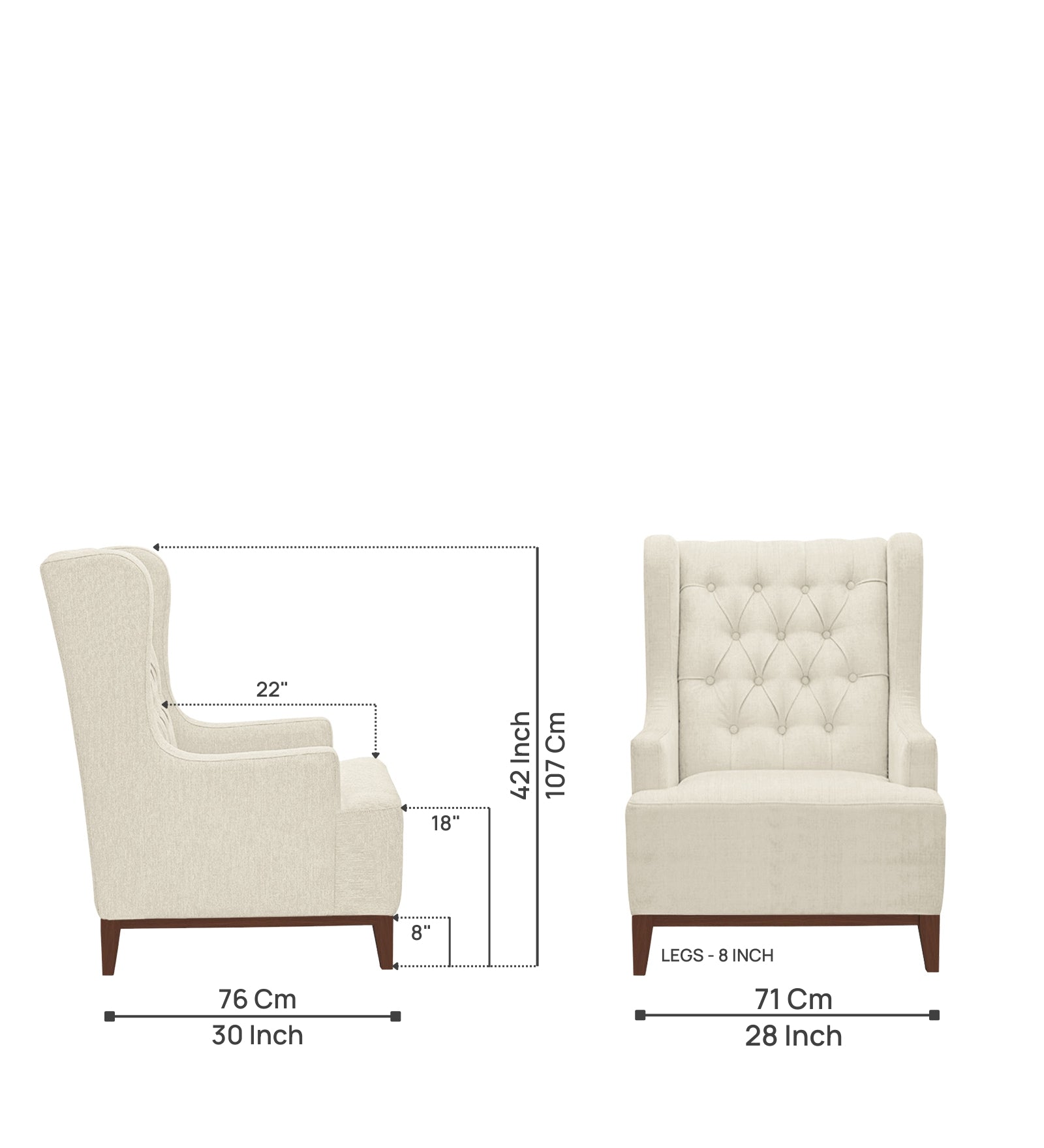 Kuchi Fabric 1 Seater Wing Chair Sofa in Ivory Cream Colour