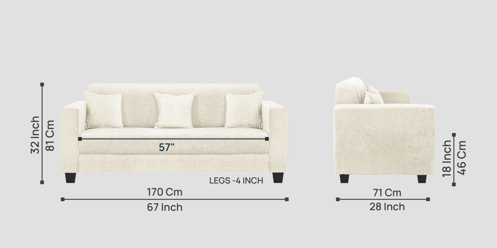 Nebula Fabric 3 Seater Sofa In Ivory Cream Colour - Febonic Living