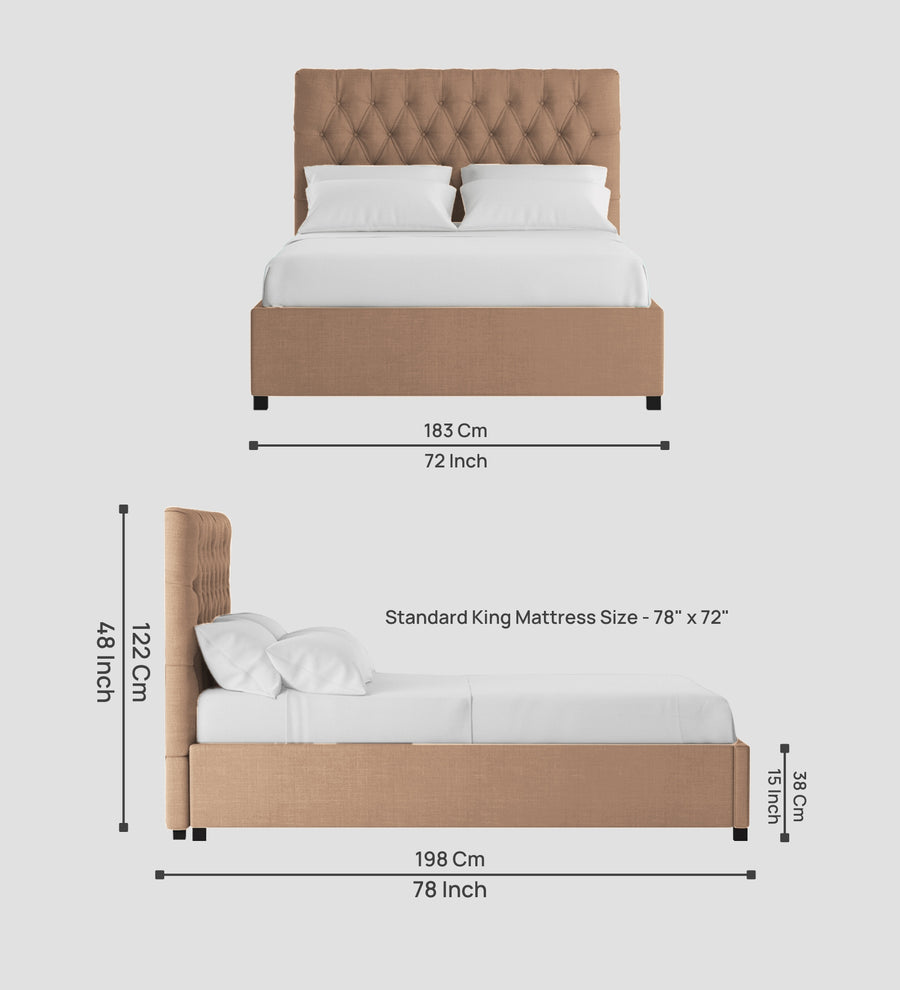 Isko Fabric Upholstered King Size Bed In Cosmic Beige Colour With Box Storage - Febonic Living