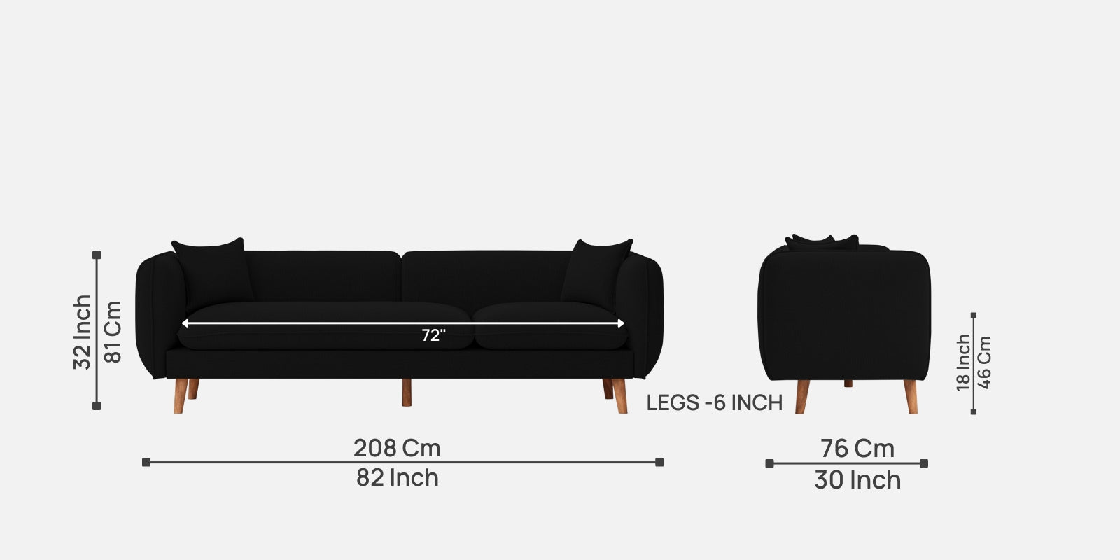 Reva Fabric 3 Seater Sofa In Heather Black Colour