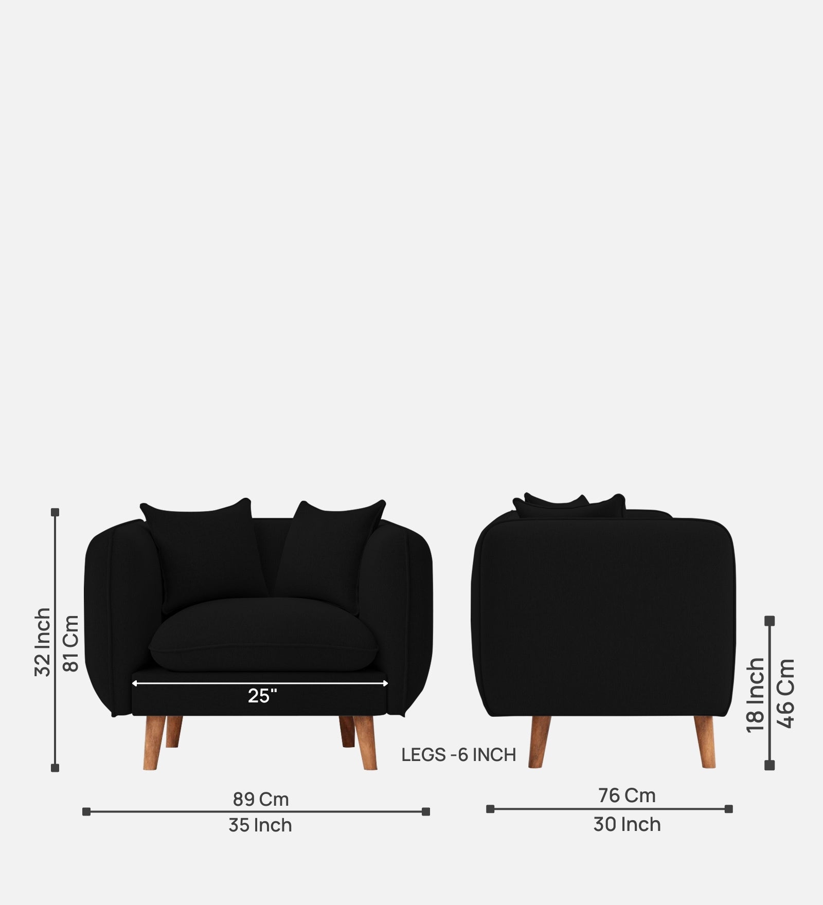 Reva Fabric 1 Seater Sofa In Heather Black Colour