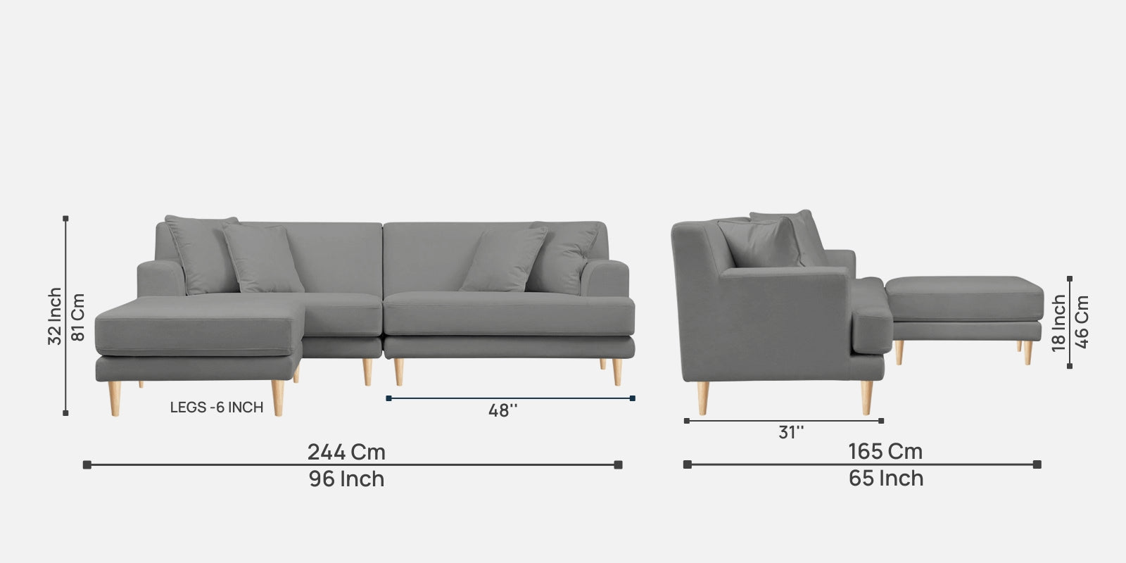 Woody Fabric RHS Sectional Sofa (3+Lounger) in Concrete Grey Colour