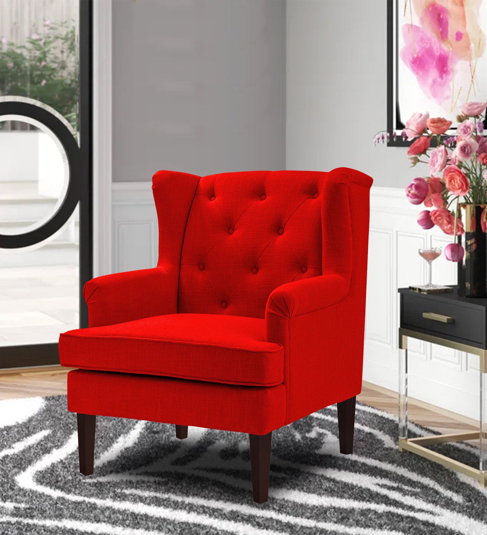 Deyuk Fabric Wing Chair In Ruby Red Colour