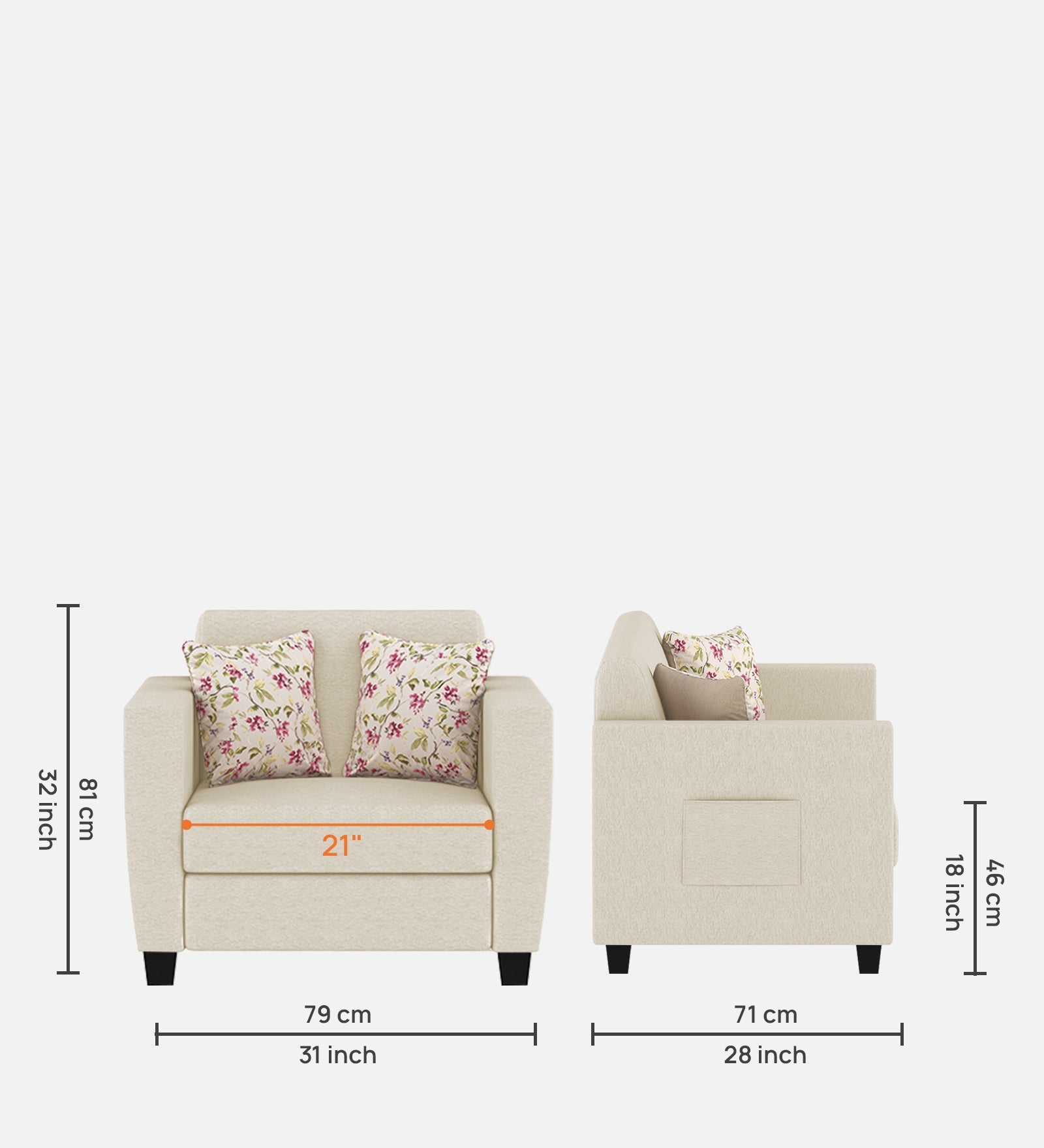 Gozi Fabric 1 Seater Sofa In Ivory Cream Colour