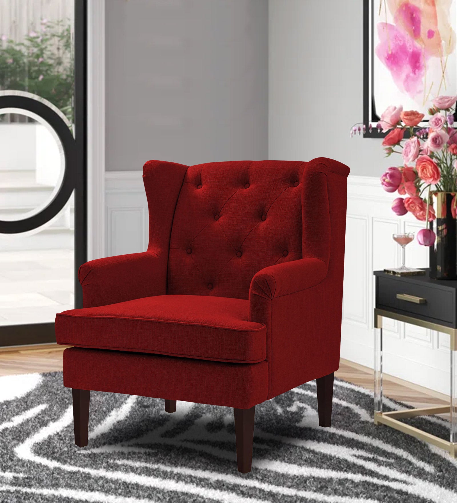 Deyuk Fabric Wing Chair In Blood Maroon Colour
