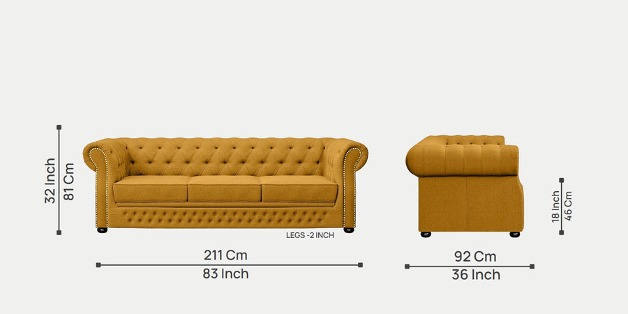 Kunno Fabric Manchester 3 Seater Sofa In Bold Yellow Colour - Febonic Living