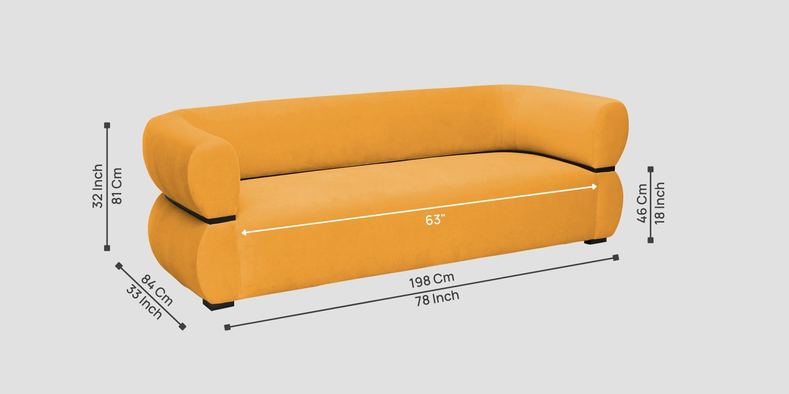 Kula Velvet 3 Seater Sofa In Safforn Yellow Colour