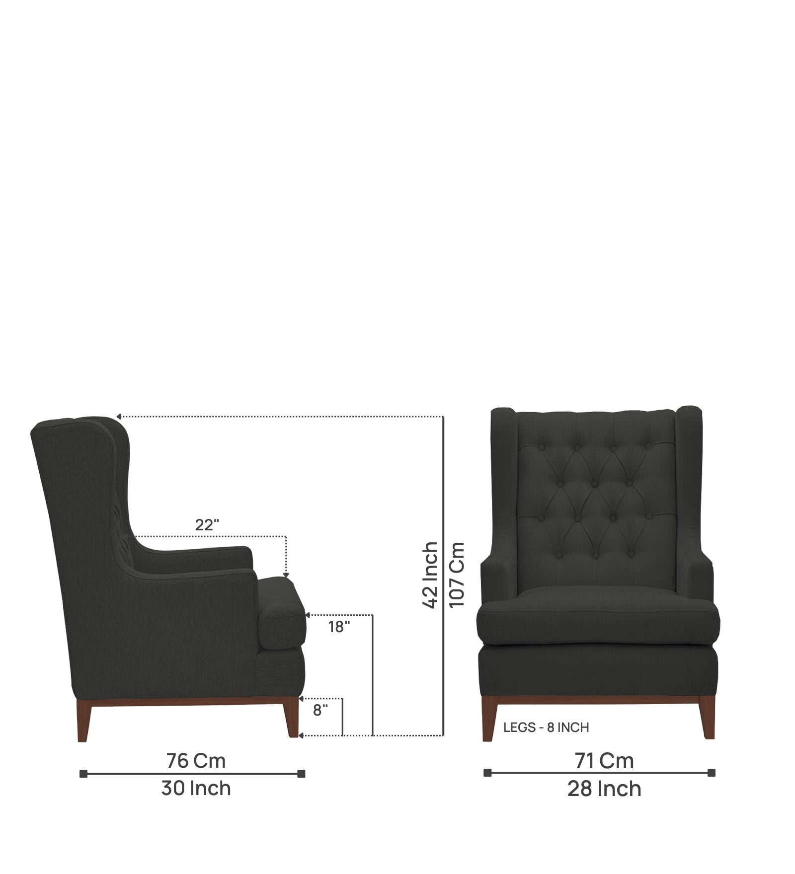 Panas Fabric 1 Seater Wing Chair in Charcoal Grey Colour