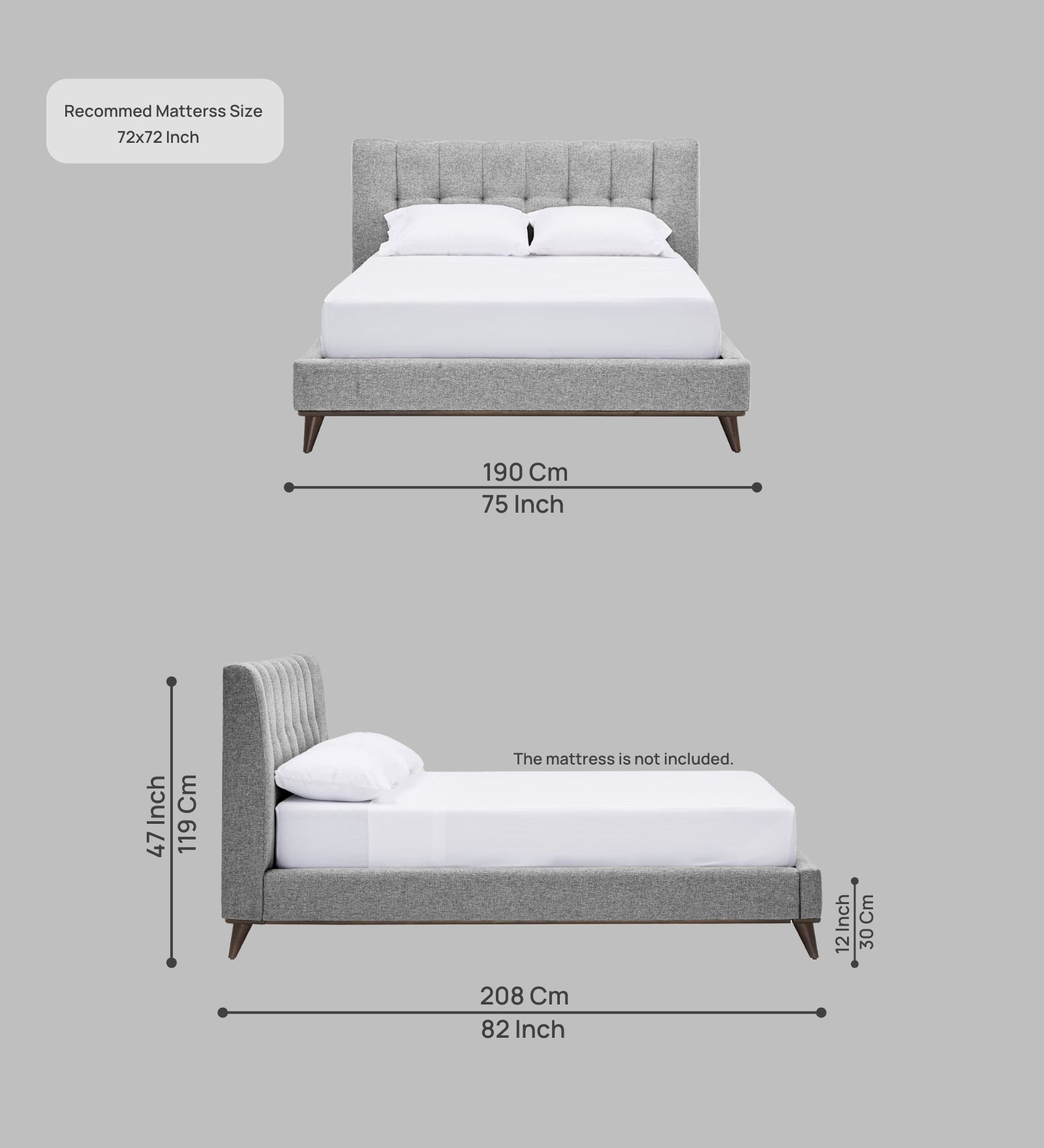 Jasmin Fabric Upholstered King Size Bed in Lit Grey Colour - Febonic Living