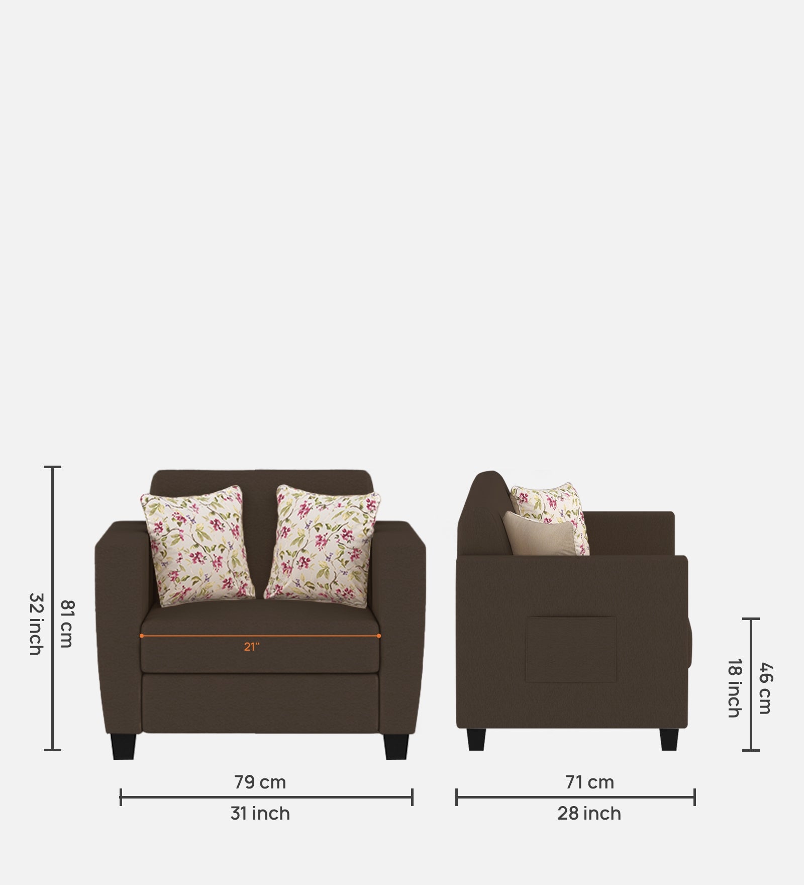 Gozi Fabric 1 Seater Sofa In Cholocate Brown Colour