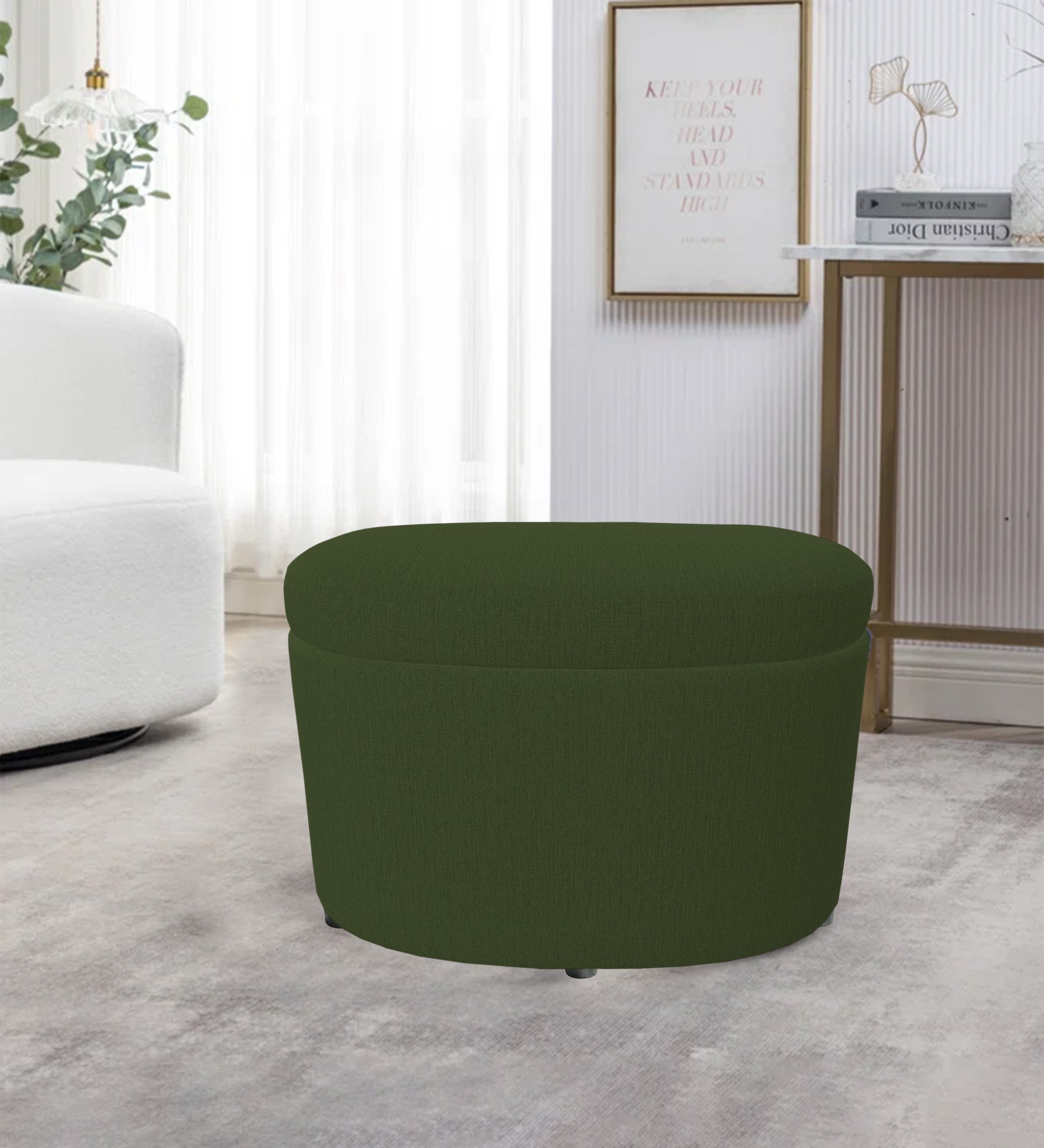 Ruggy Fabric Storage Ottoman in Olive Green Colour