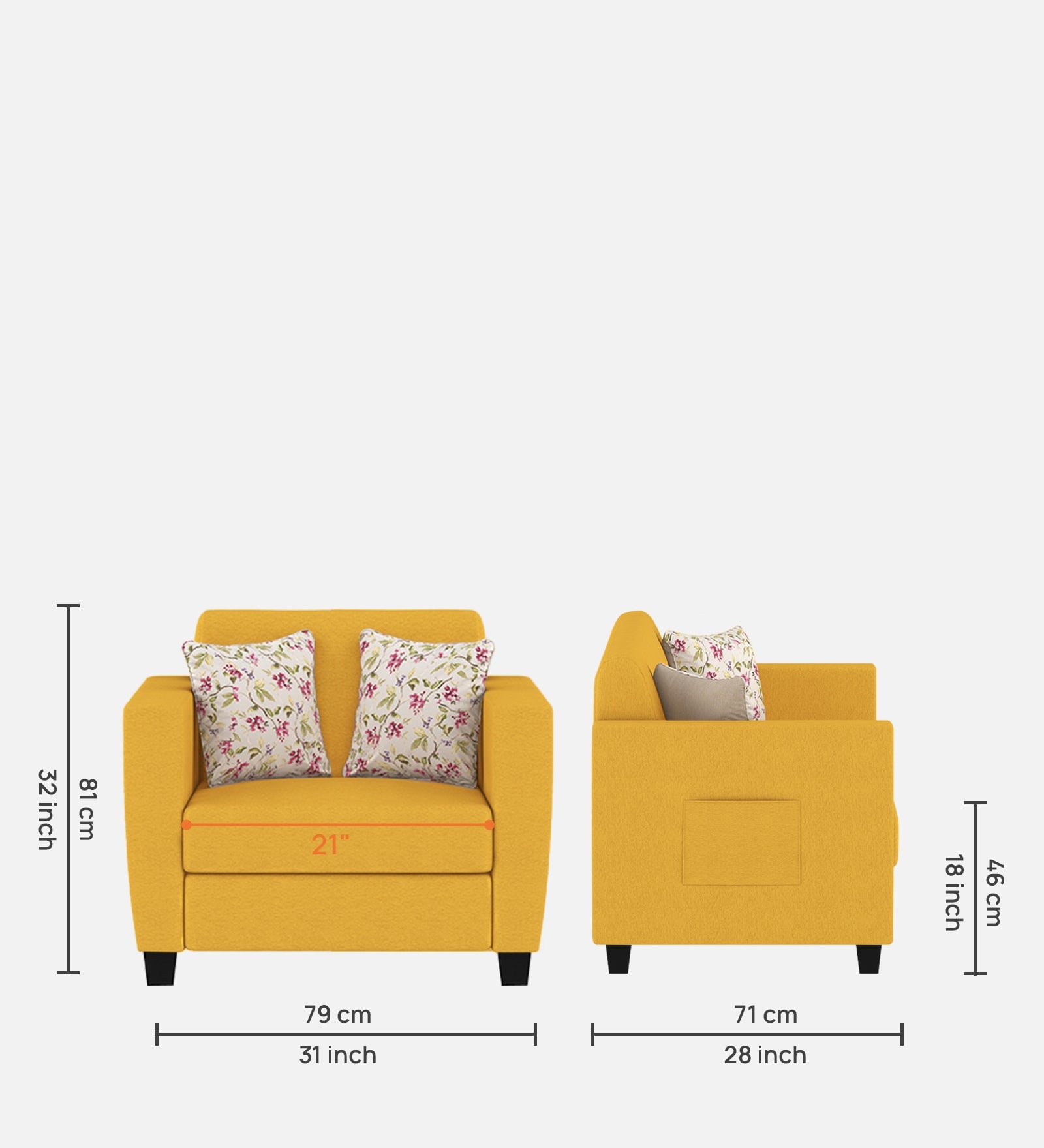 Gozi Fabric 1 Seater Sofa In Bold Yellow Colour