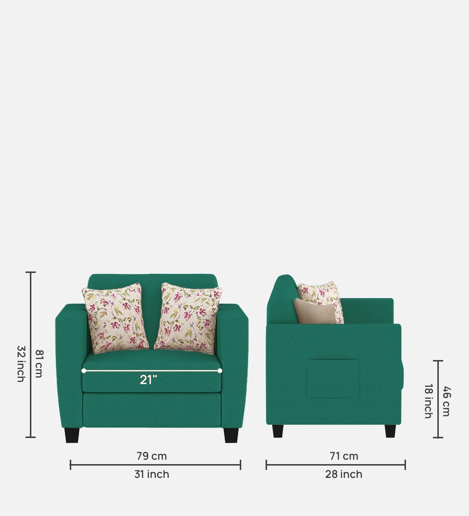 Gozi Fabric 1 Seater Sofa In Sea Green Colour