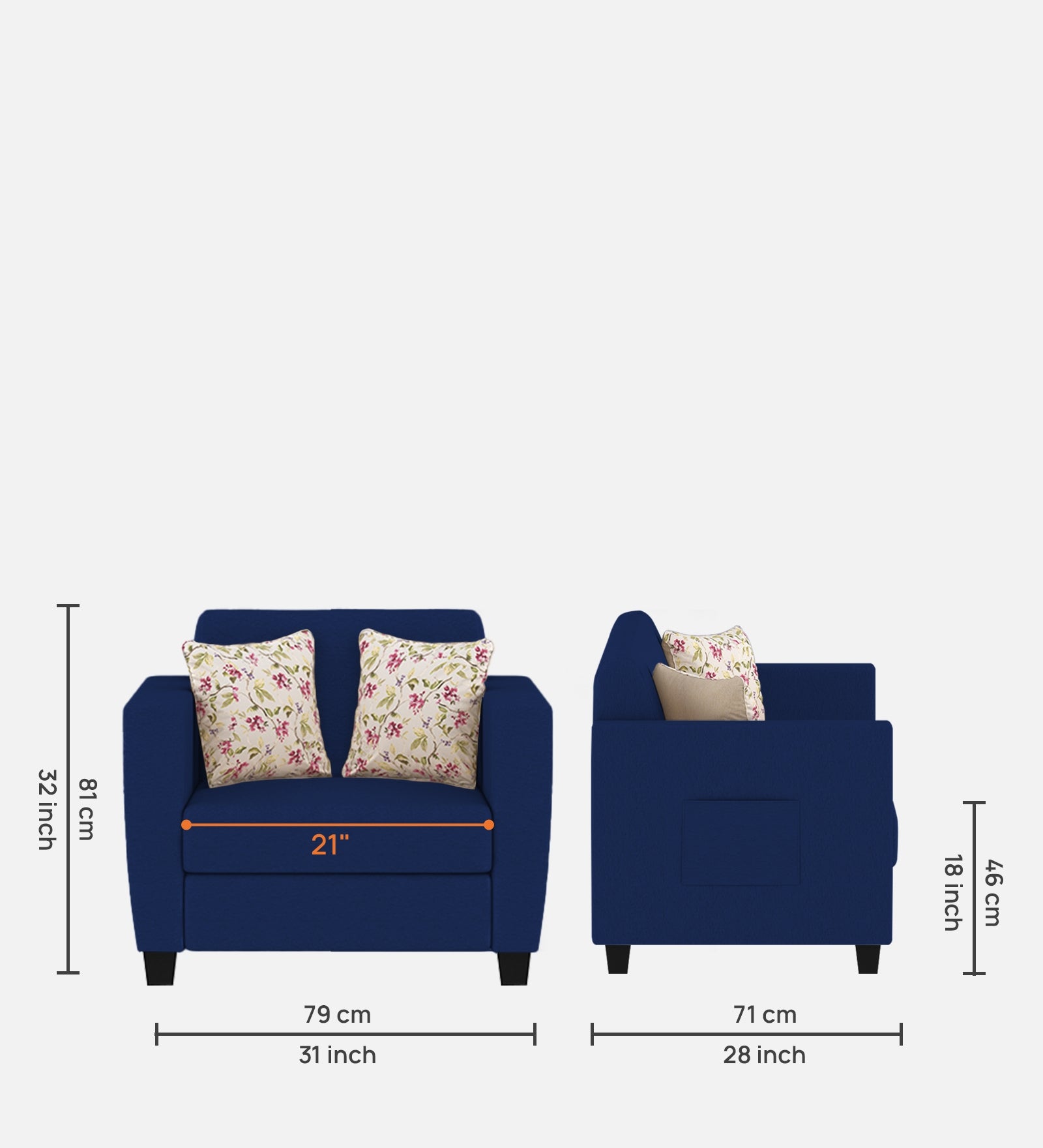 Gozi Fabric 1 Seater Sofa In Royal Blue Colour