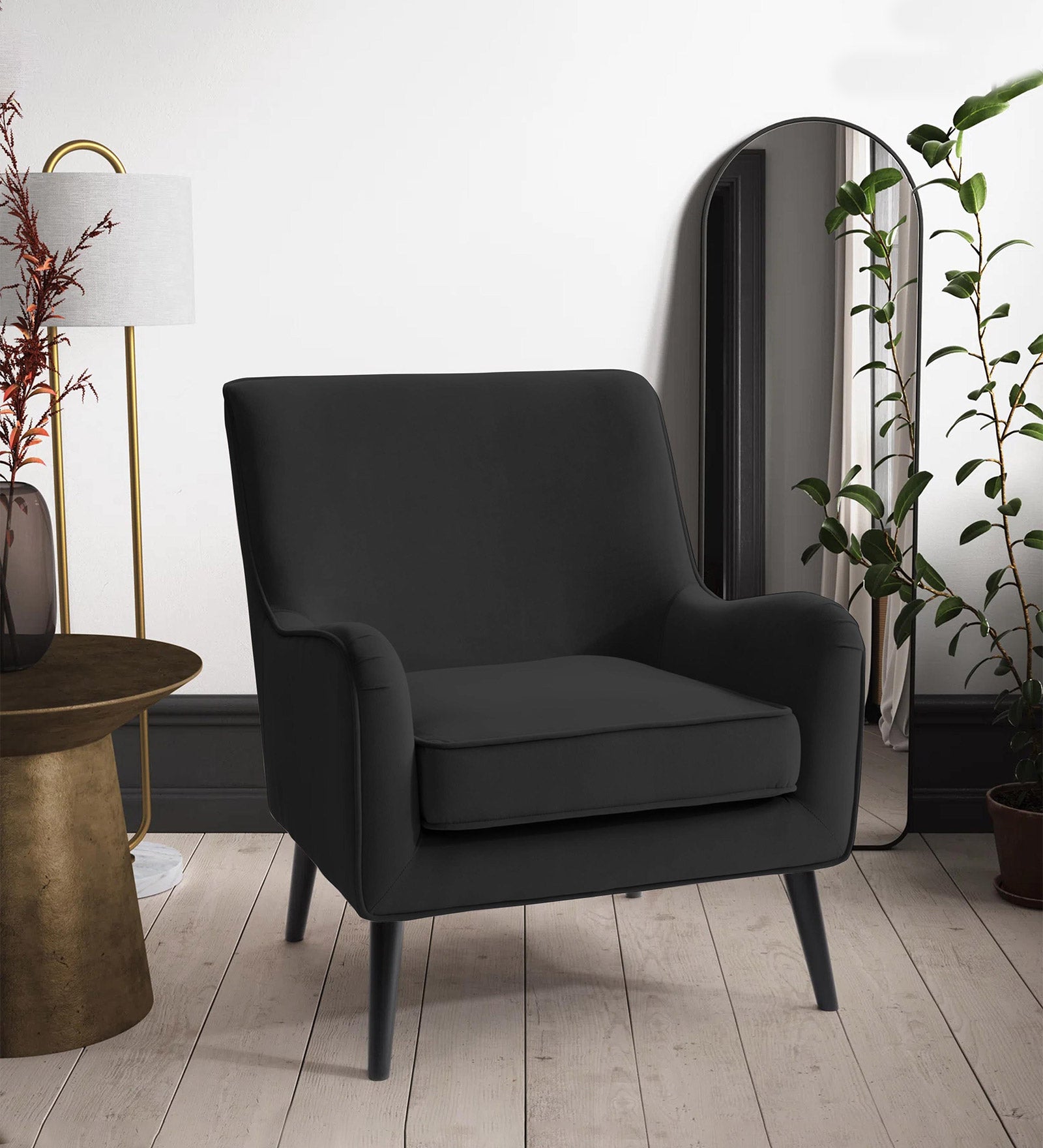 Ame Velvet Upholstered Wingback Chair in Adam Black Colour