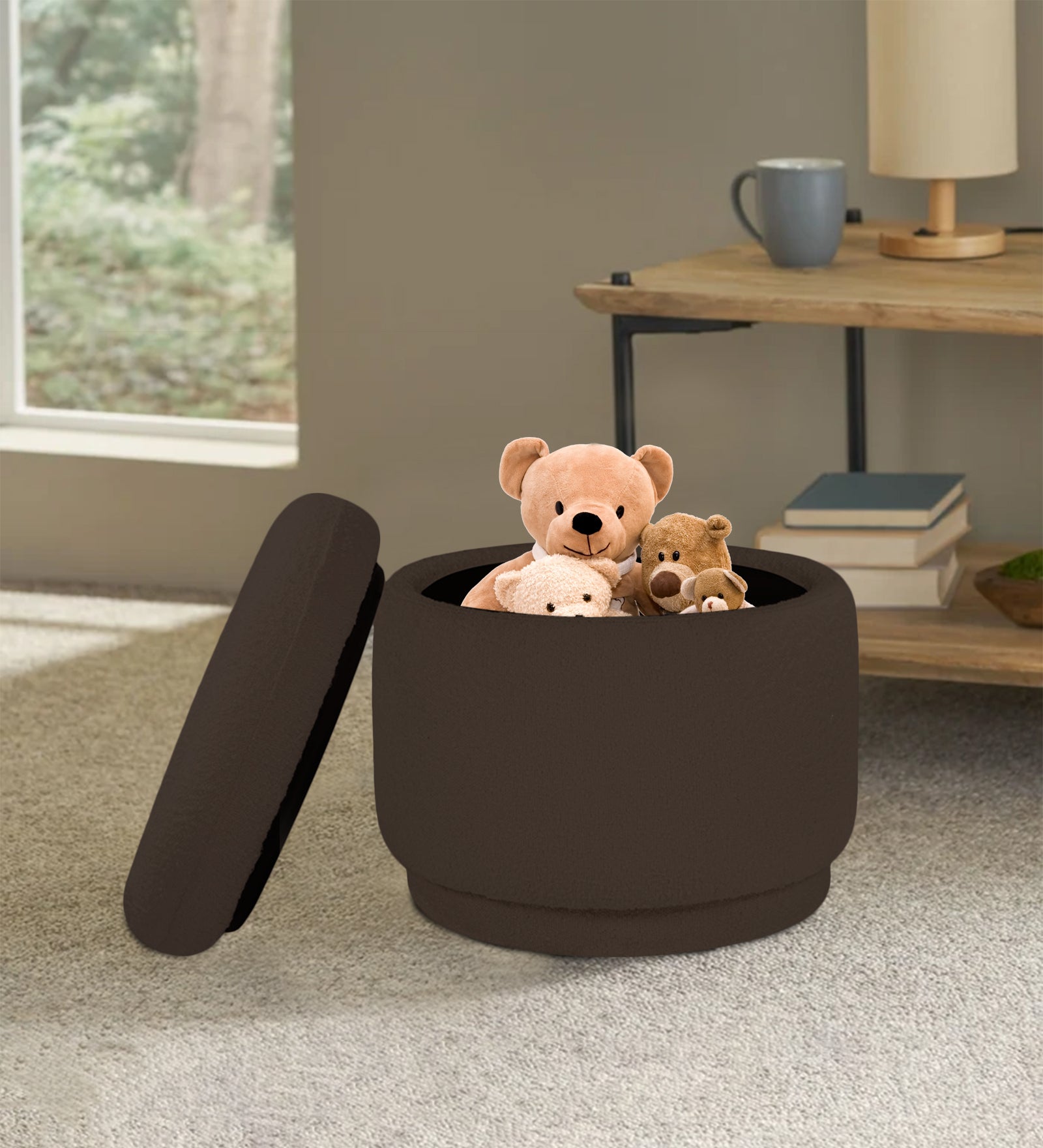 Noki Fur Fabric Storage Ottoman in Bringo Brown Colour