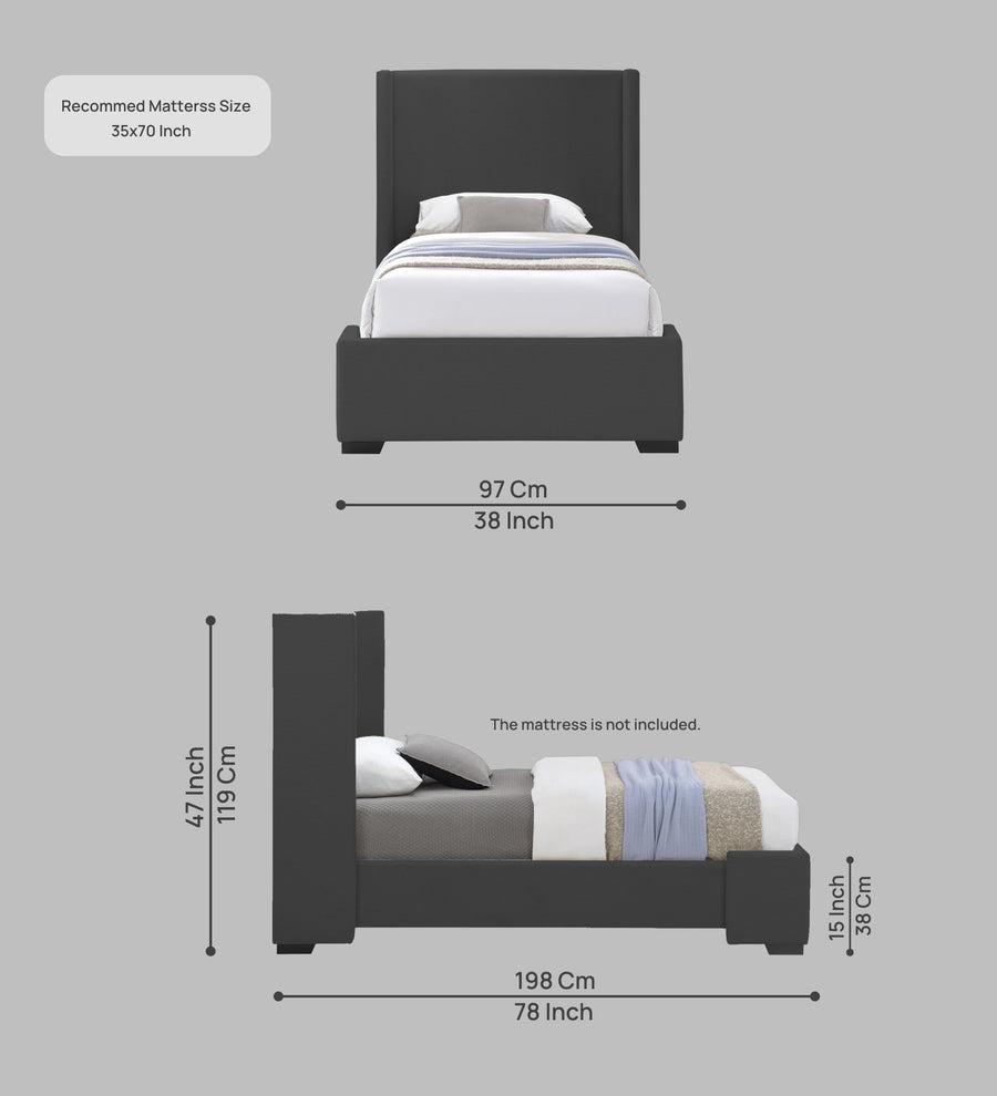 Kirby Fabric Upholstered Single Size Bed In Charcoal Grey Colour - Febonic Living