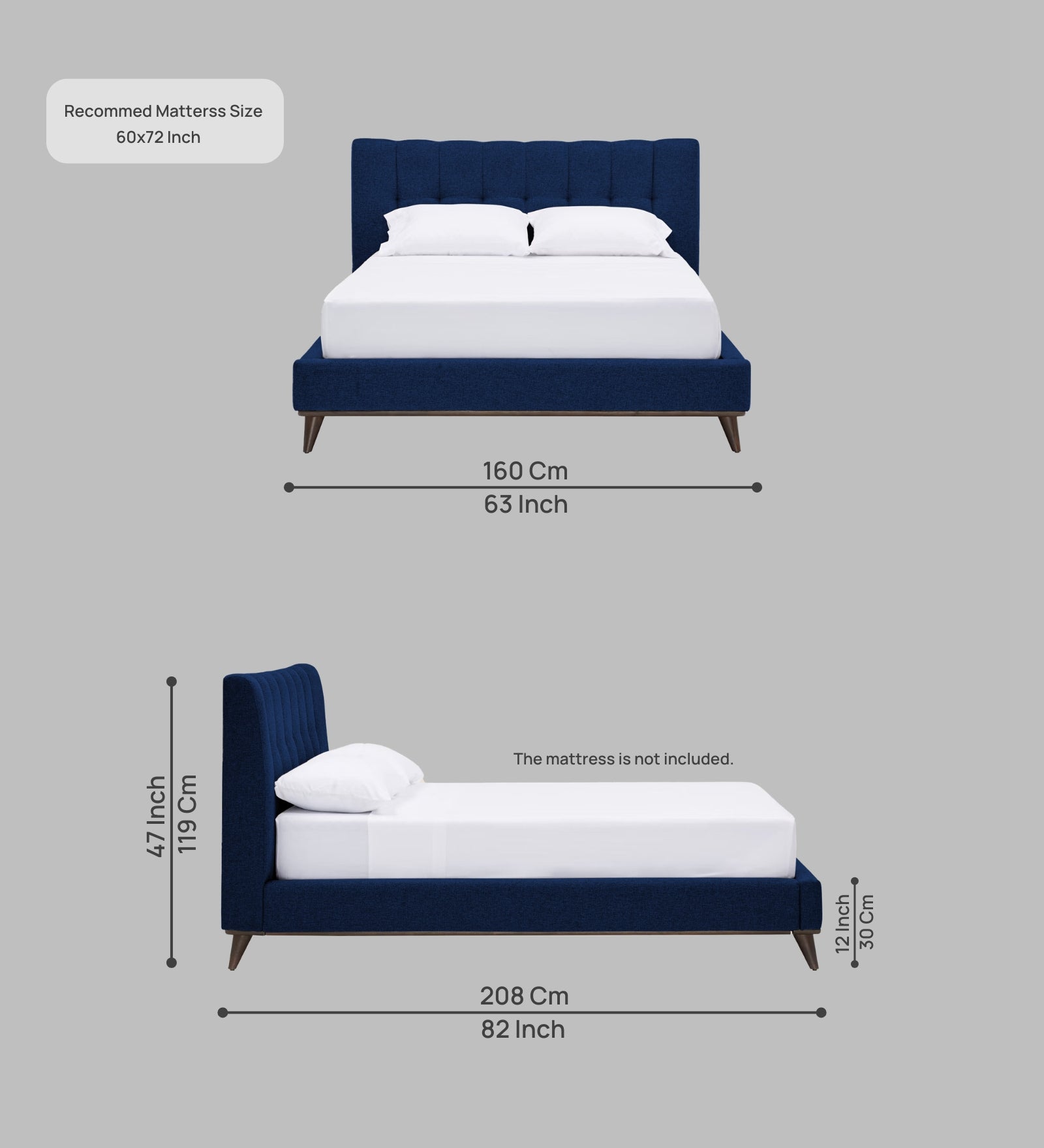 Jasmin Fabric Upholstered Queen Bed in Royal Blue Colour