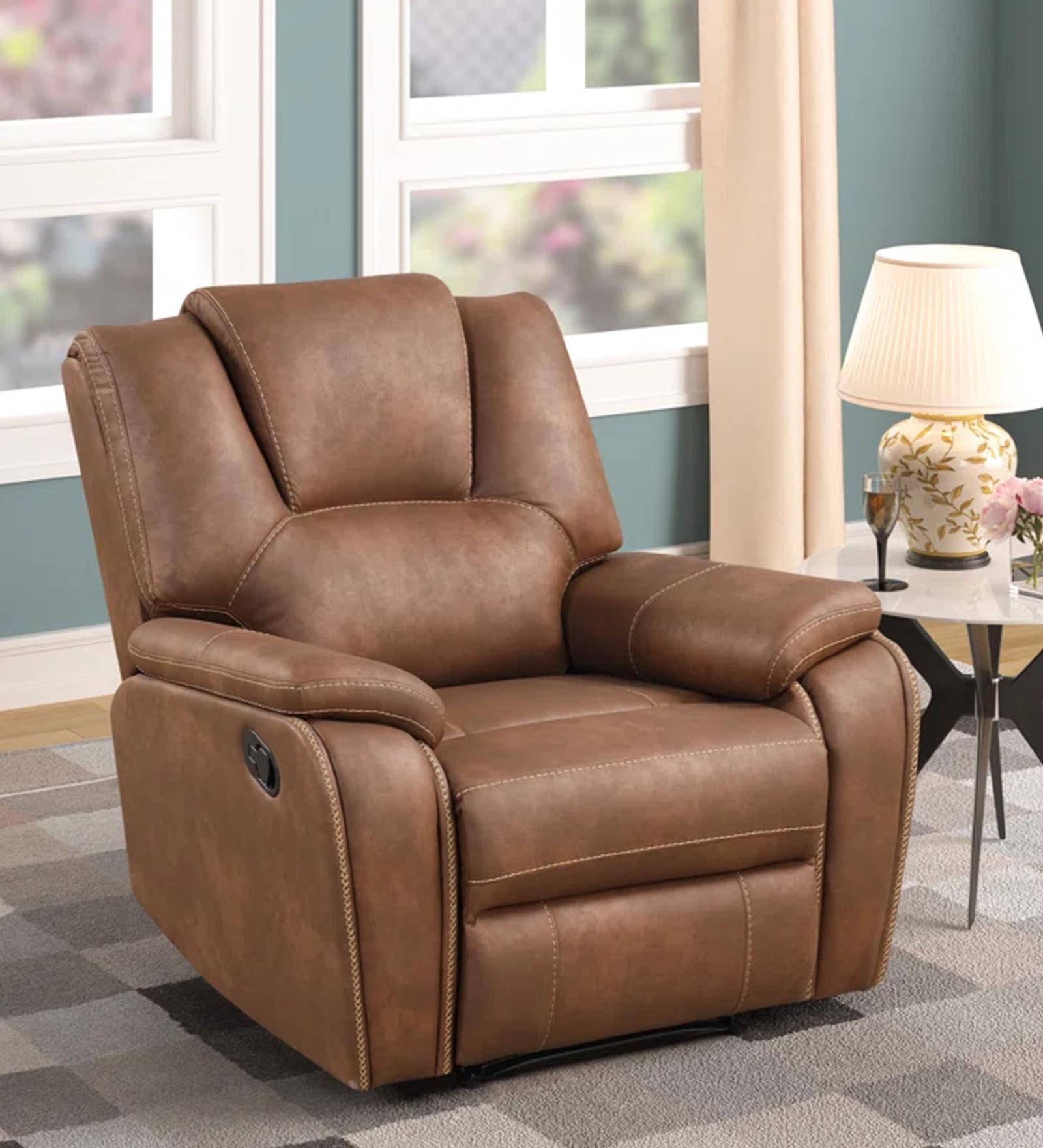 Dolpin Leather Manual 1 Seater Recliner In Clay-Brown Leather Finish