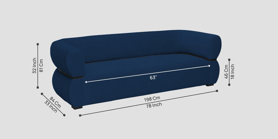 Kula Velvet 3 Seater Sofa In Imperial Blue Colour - Febonic Living
